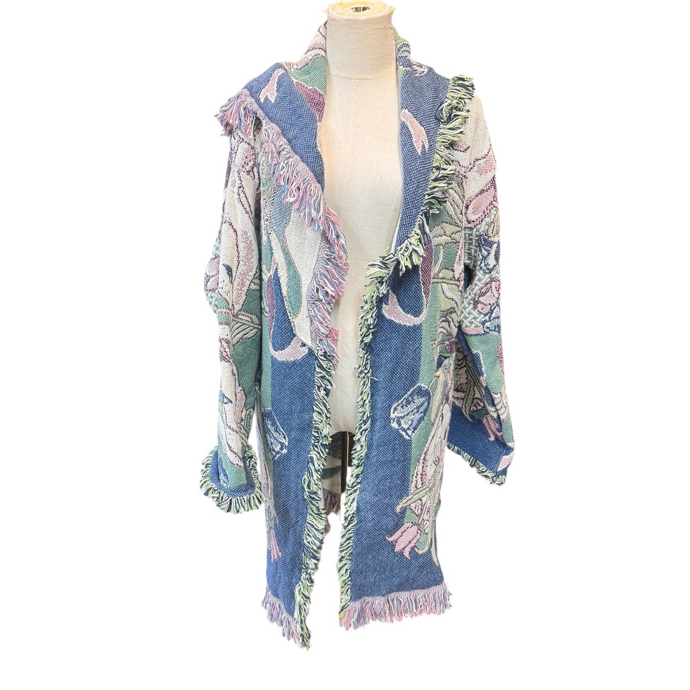 tapestry blanket jacket 1990s woven bunny tulip pattern fringed trim vintage